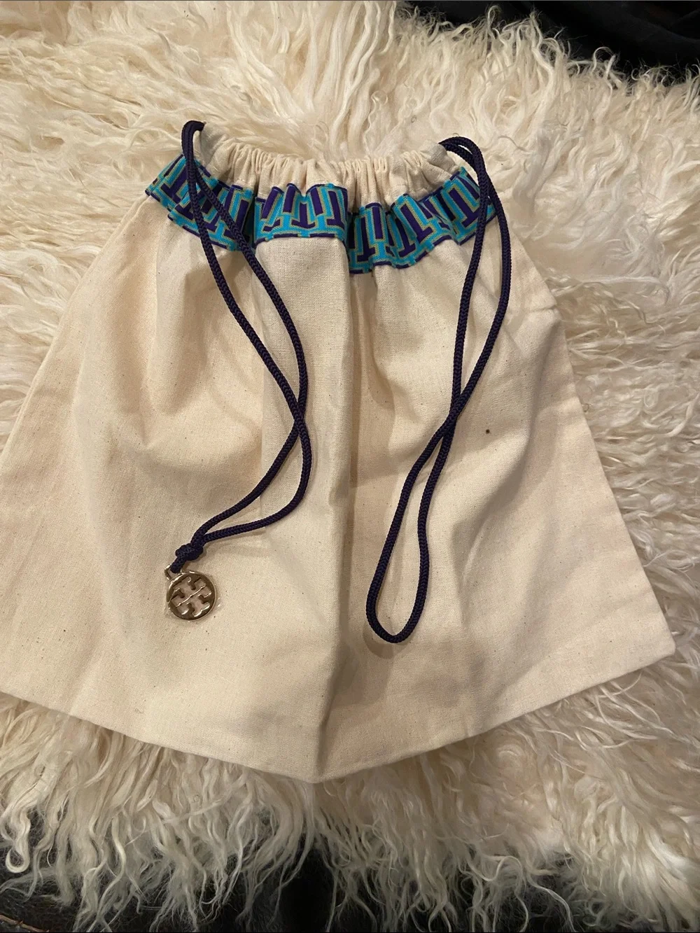 Tory Burch Cream Dust Cloth with Blue and Teal Trim 12/9 perfect for small purse